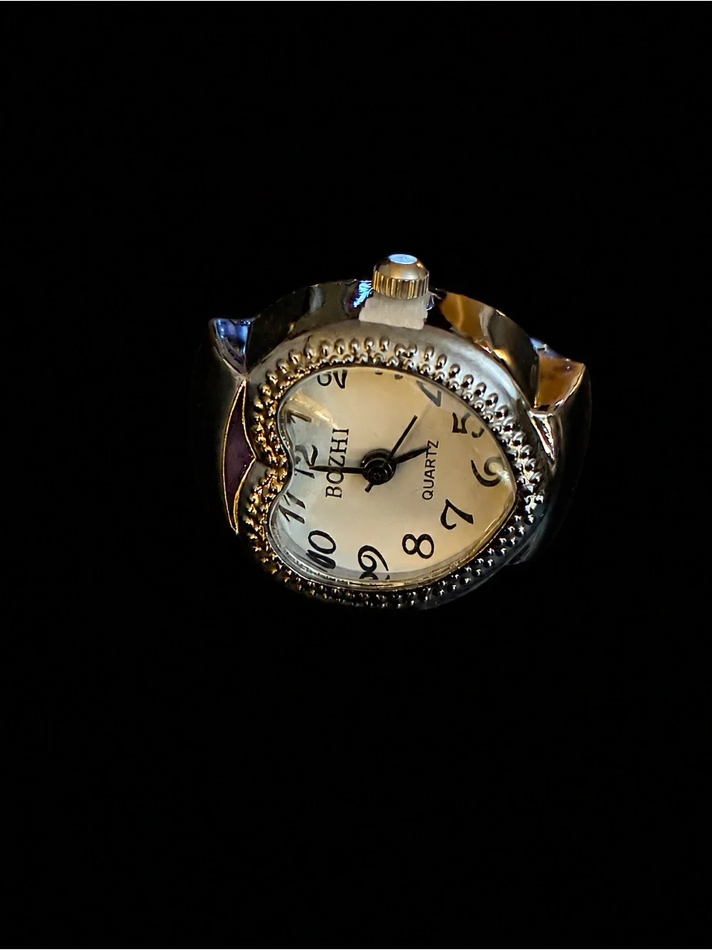Silver Heart-Shaped Rhinestone Quartz Finger Watch Ring